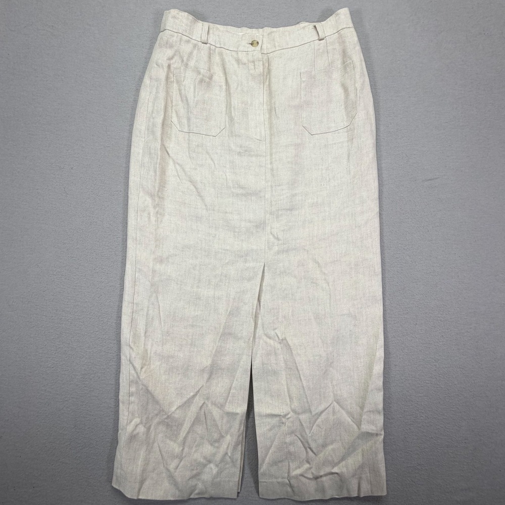 Olsen Womens Skirt Straight Beige 100% Linen Front Slit Pockets 14